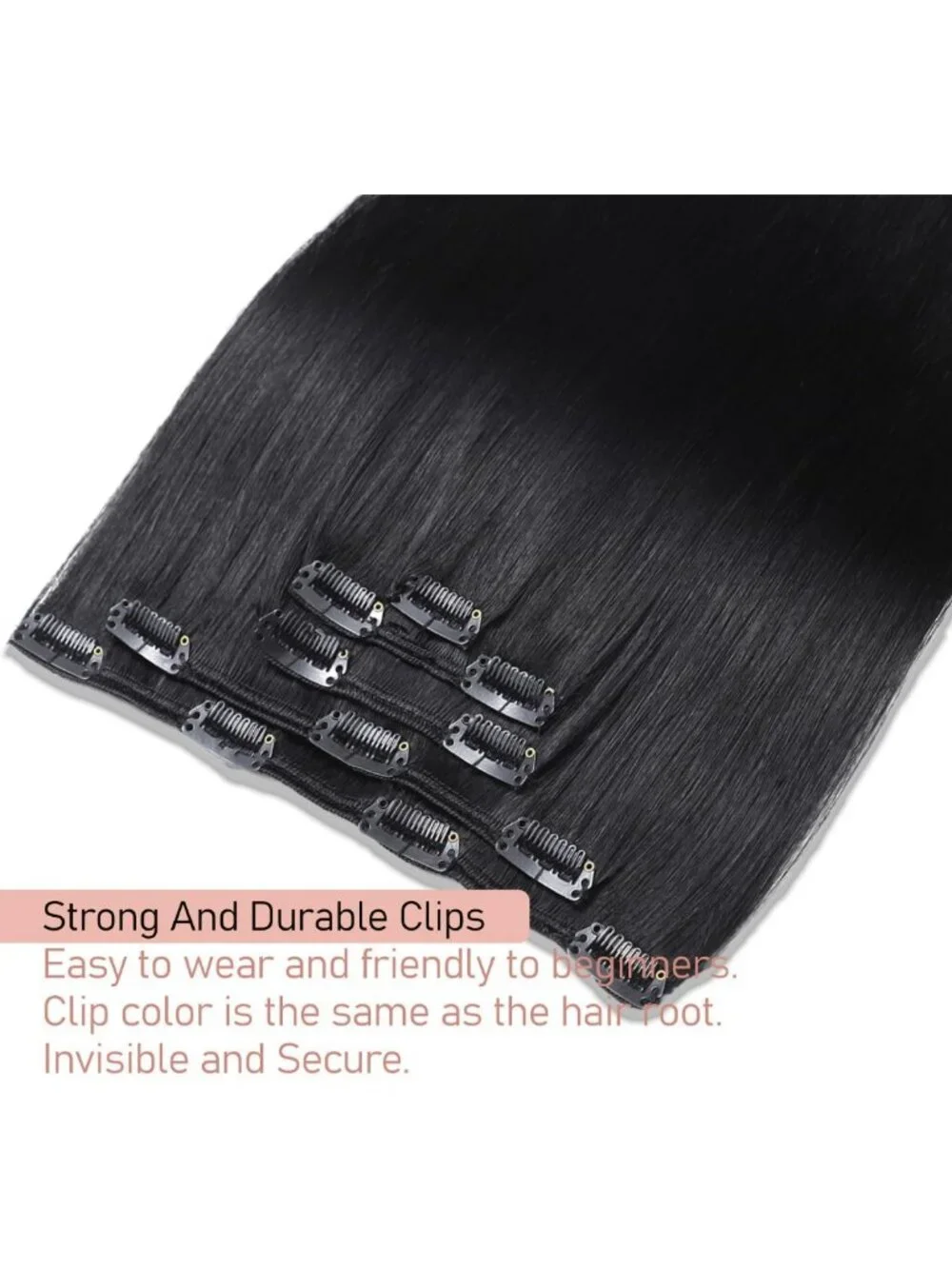 Real Human Hair Clip-In Extensions - Jet Black, Easy to Apply, Natural Look
